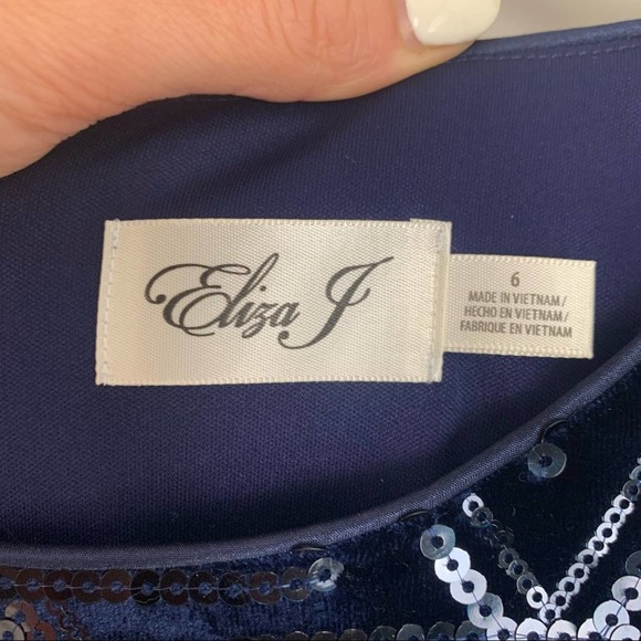 Eliza J Sequin Velvet Sheath Dress Navy High Neck Short Sleeve Mini Size 6 - Picture 10 of 12